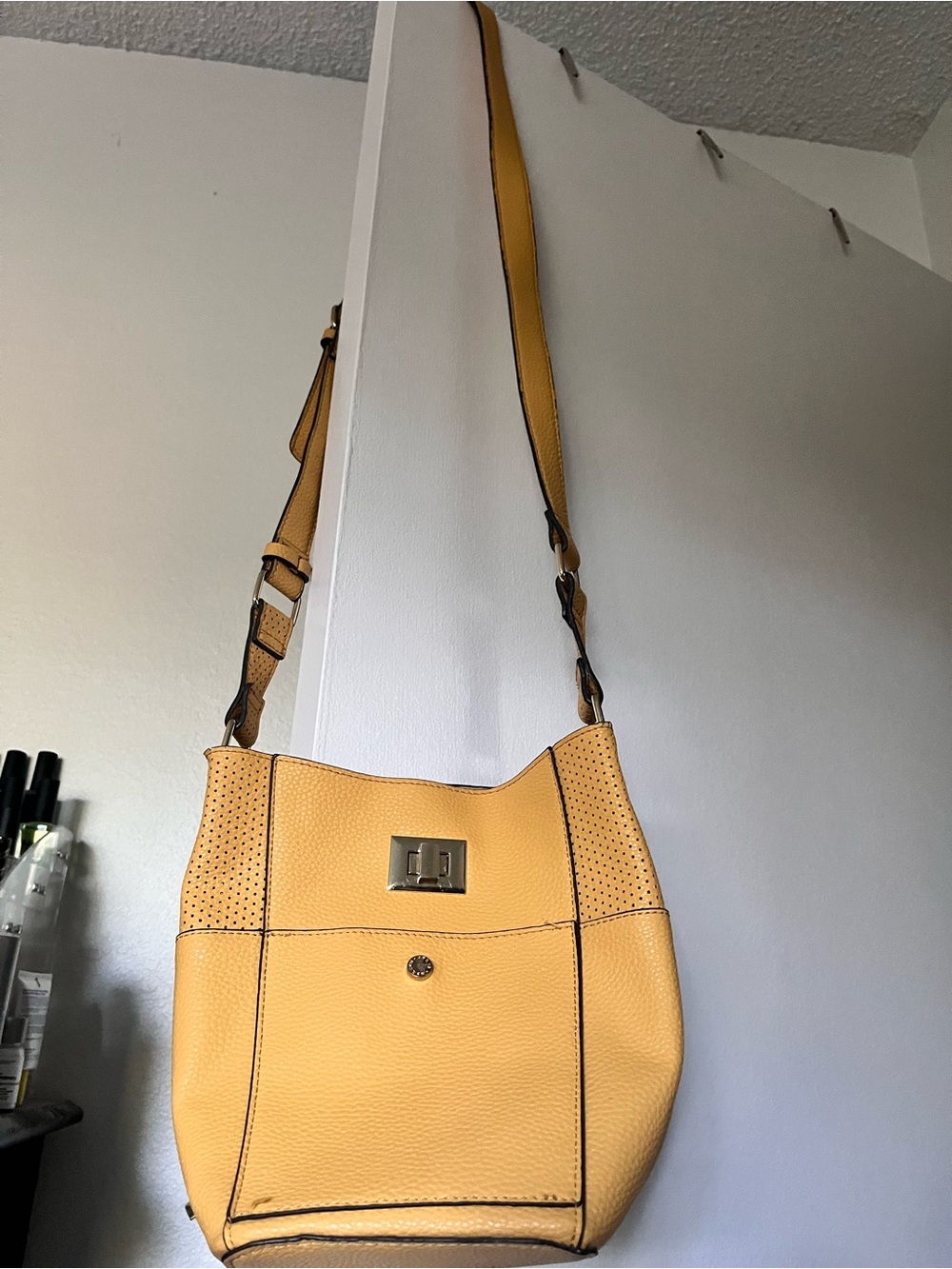 Steve Madden Mustard Yellow Perforated Crossbody Bucket Bag